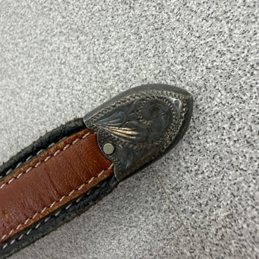 Vtg Tony Lama Belt Mens 32 Black Brown Western Sterling Overlay Engraved Leather